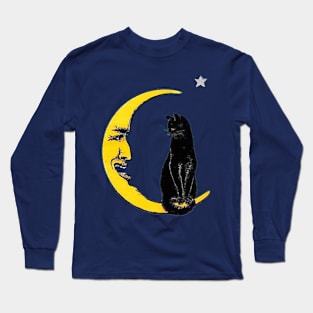 Black Cat On Crescent Moon Long Sleeve T-Shirt